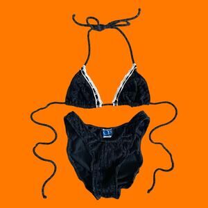 90's vintage black velour velvet lace trim hi cut high leg bikini S/M op